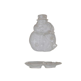 STONEWARE SNOWMAN SHAPPED PLATE W/ SNOWFLAKES & BROOM