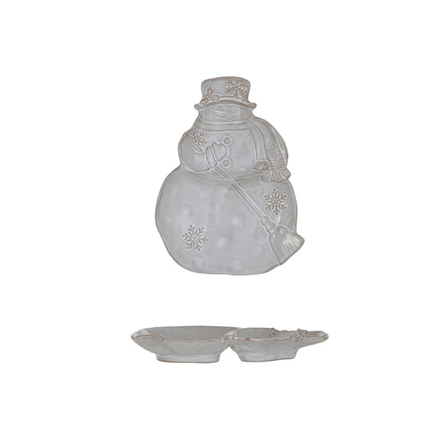 STONEWARE SNOWMAN SHAPPED PLATE W/ SNOWFLAKES & BROOM