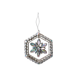 METAL & ACRYLIC JEWEL SNOWFLAKE ORMAMENT W/ HEXAGON FRAME