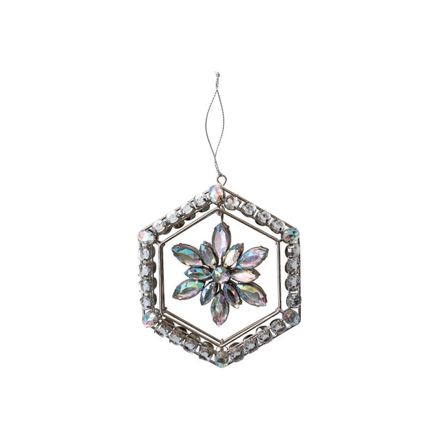 METAL & ACRYLIC JEWEL SNOWFLAKE ORMAMENT W/ HEXAGON FRAME