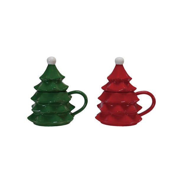 12 oz. CERAMIC CHRISTMAS TREE SHAPED MUG WITH LID - 2 COLORS