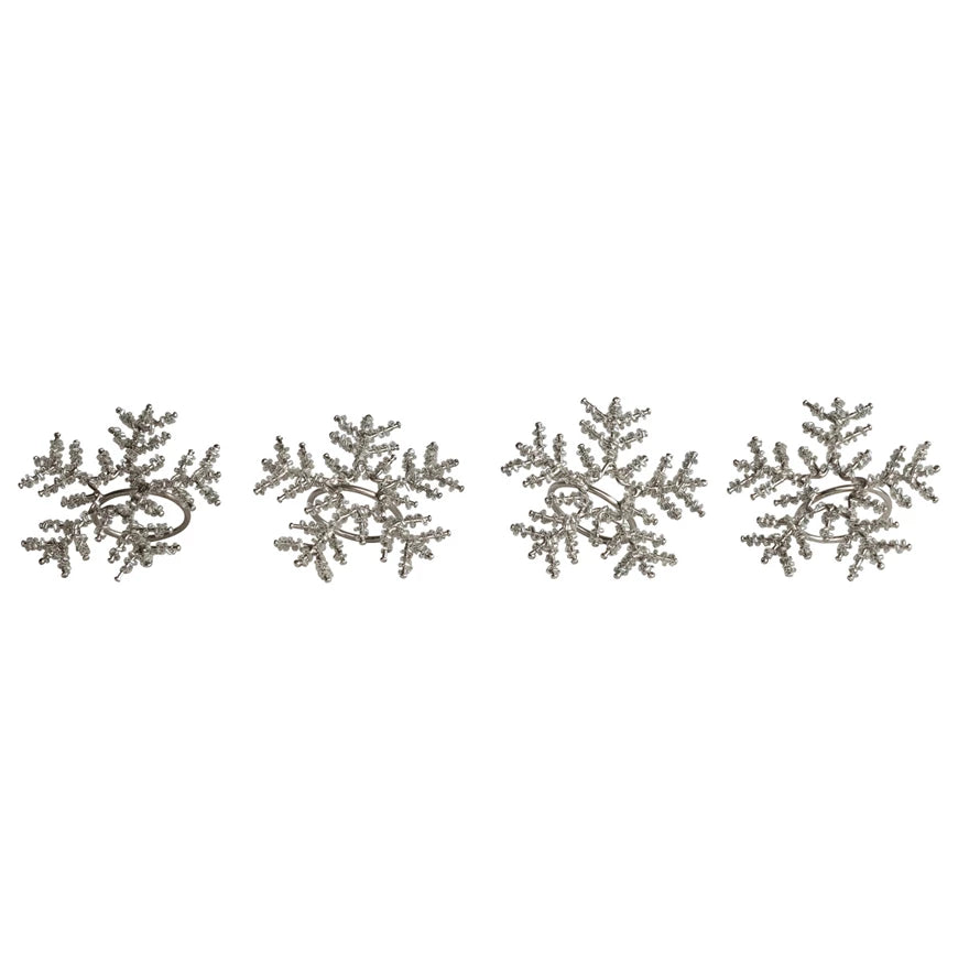 METAL & GLASS BEADED SNOWFLAKE NAPKIN RINGS - SET OF 4