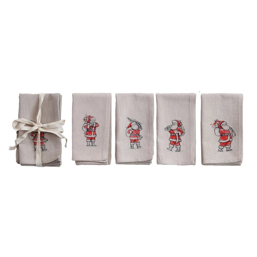 NAPKIN WITH EMBROIDERED SANTA IMAGE - SET OF 4