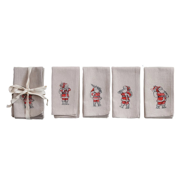NAPKIN WITH EMBROIDERED SANTA IMAGE - SET OF 4