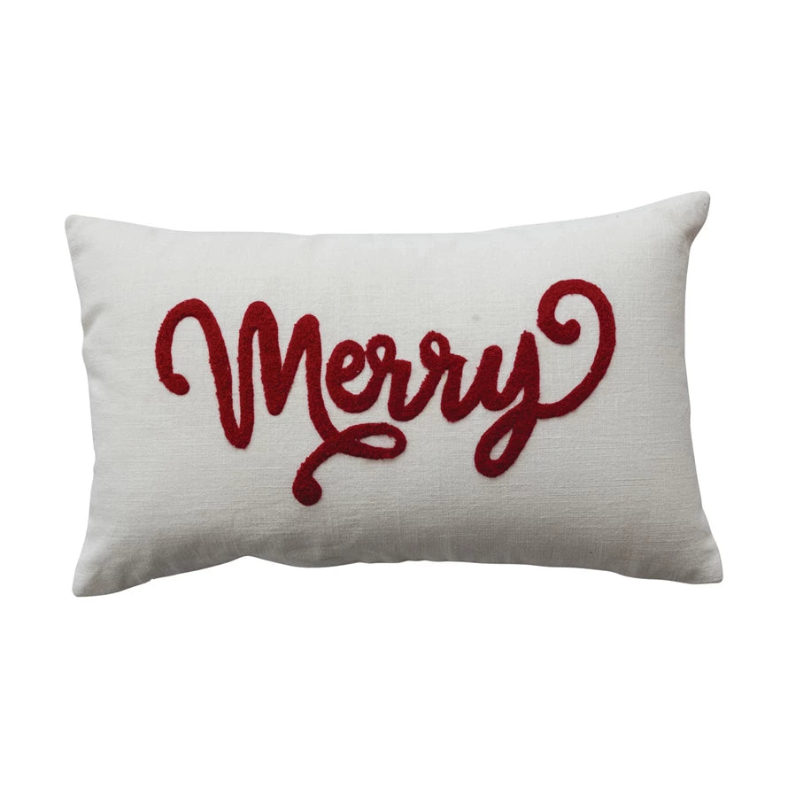 COTTON SLUB LUMBAR PILLOW WITH EMBROIDERED ''MERRY''