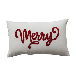 COTTON SLUB LUMBAR PILLOW WITH EMBROIDERED ''MERRY''