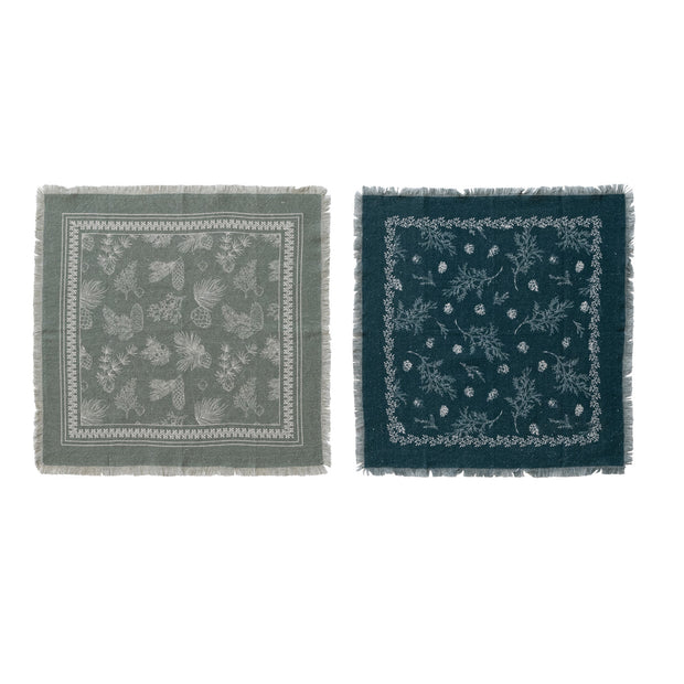 SET OF 4 NAPKINS WITH PINE BOUGH PATTERNS & FRAYED EDGES