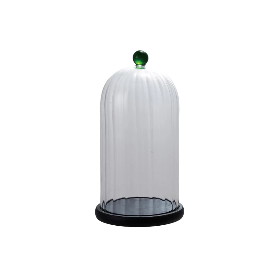 DECORATIVE GLASS FLUTTED CLOCHE WITH GREEN KNOB & MDF BASE - SET OF 2