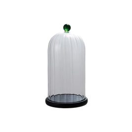 DECORATIVE GLASS FLUTTED CLOCHE WITH GREEN KNOB & MDF BASE - SET OF 2