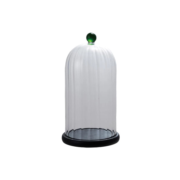 DECORATIVE GLASS FLUTTED CLOCHE WITH GREEN KNOB & MDF BASE - SET OF 2