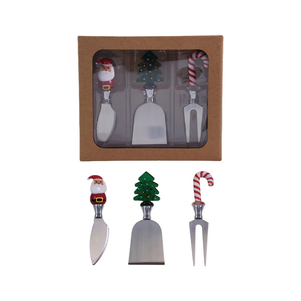 CHEESE KNIVES WITH HAND - BLOWN GLASS HOLIDAY ICON HANDLE BOXED - SET OF 3