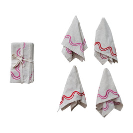 NAPKINS WITH EMBROIDERED WAVY LINES - SET OF 4 TIED WITH TAPE