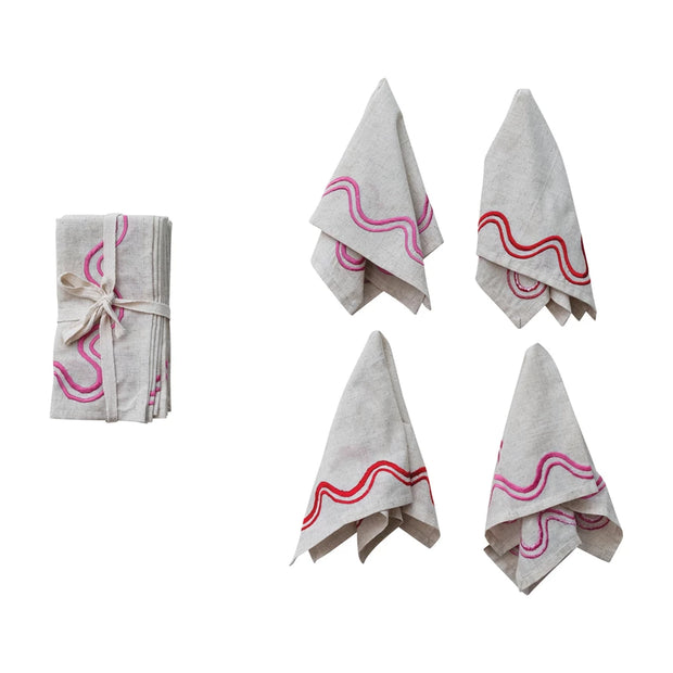 NAPKINS WITH EMBROIDERED WAVY LINES - SET OF 4 TIED WITH TAPE