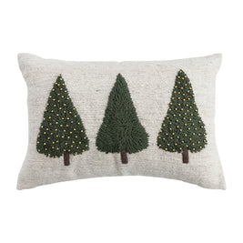 HAND-WOVEN & WOOL LUMBAR PILLOW WITH EMBROIDERED TREES & BEADS