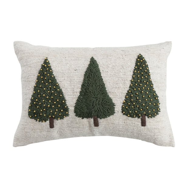 HAND-WOVEN & WOOL LUMBAR PILLOW WITH EMBROIDERED TREES & BEADS