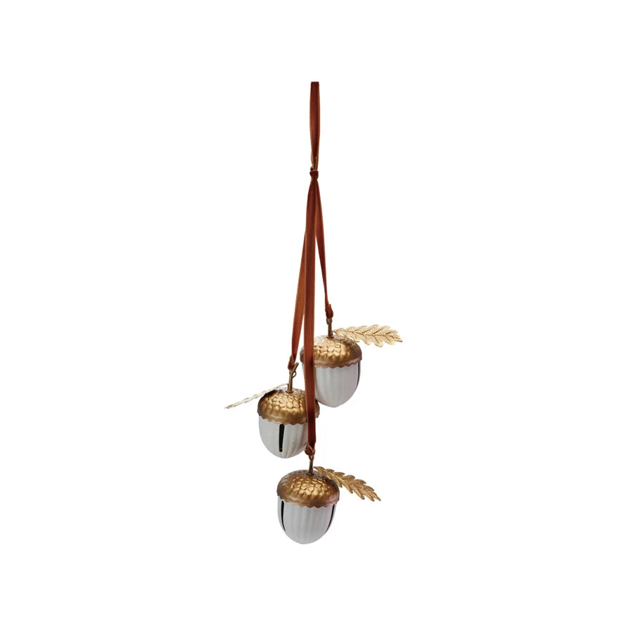 HANGING METAL ACORN BELLS WITH BROWN VELVET RIBBON