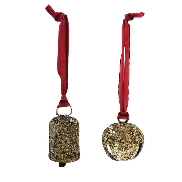 METAL & GLASS BELL ORNAMENT WITH VELVET RIBBON HANGER - 2 STYLES