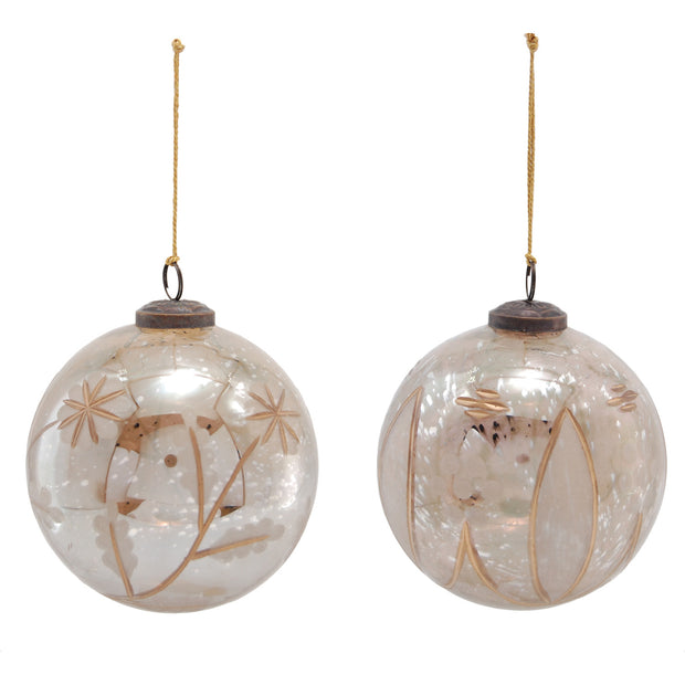 ETCHED MERCURY GLASS BALL ORNAMENT WITH DESIGN, 2 STYLES