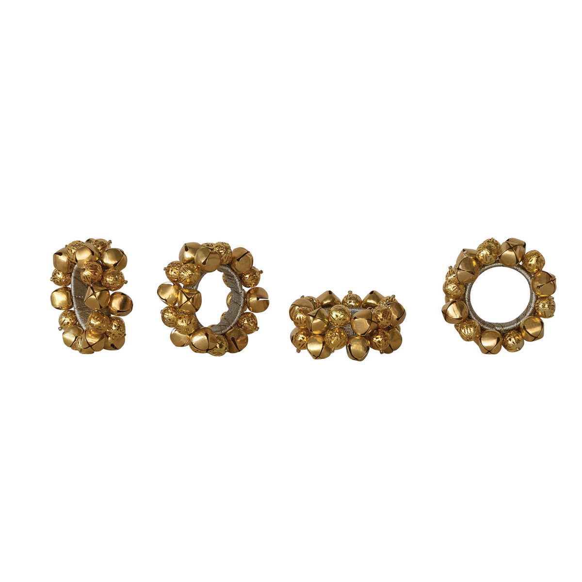 HANDMADE METAL JINGLE BELL NAPKIN RINGS, GOLD FINISH, SET OF 4 TIED WITH JUTE