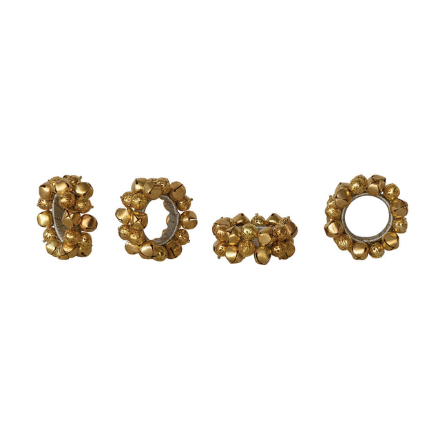 HANDMADE METAL JINGLE BELL NAPKIN RINGS, GOLD FINISH, SET OF 4 TIED WITH JUTE