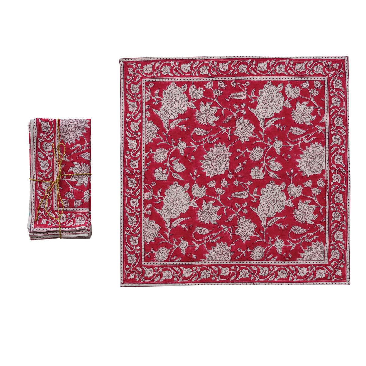 COTTON BLOCK PRINT NAPKINS WITH FLORAL PATTERN, RED & WHITE, SET OF 4 TIED WITH GOLD CORD