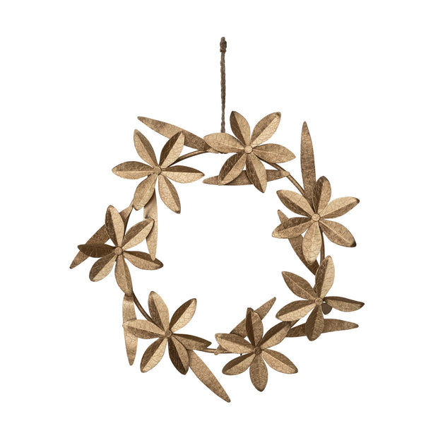 14" ROUND METAL FLOWERS WREATH, ANTIQUE GOLD FINISH