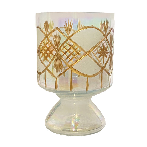 HAND-BLOWN ETCHED GLASS FOOTED TEALIGHT/VOTIVE HOLDER WITH DESIGN, IRIDESCENT & GOLD FINISH