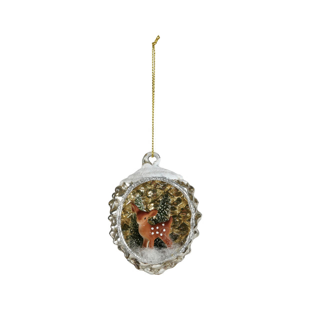 MERCURY GLASS DIORAMA ORNAMENT WITH DEER & GLITTER