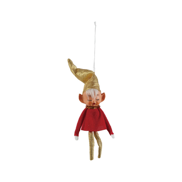 FABRIC & PLASTIC VINTAGE REPRODUCTION ELF ORNAMENT WITH GOLD STOCKINGS & HAT, RED
