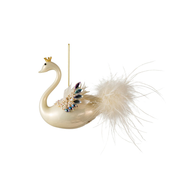HAND-PAINTED GLASS SWAN ORNAMENT WITH FAUX FEATHERS, IRIDESCENT JEWELS, BEADS & CROWN, WHITE