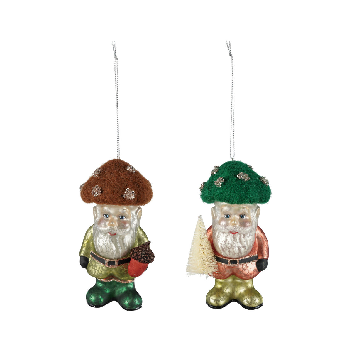 HAND-PAINTED MERCURY GLASS GNOME ORNAMENT WITH WOOL FELT MUSHROOM HAT, 2 STYLES
